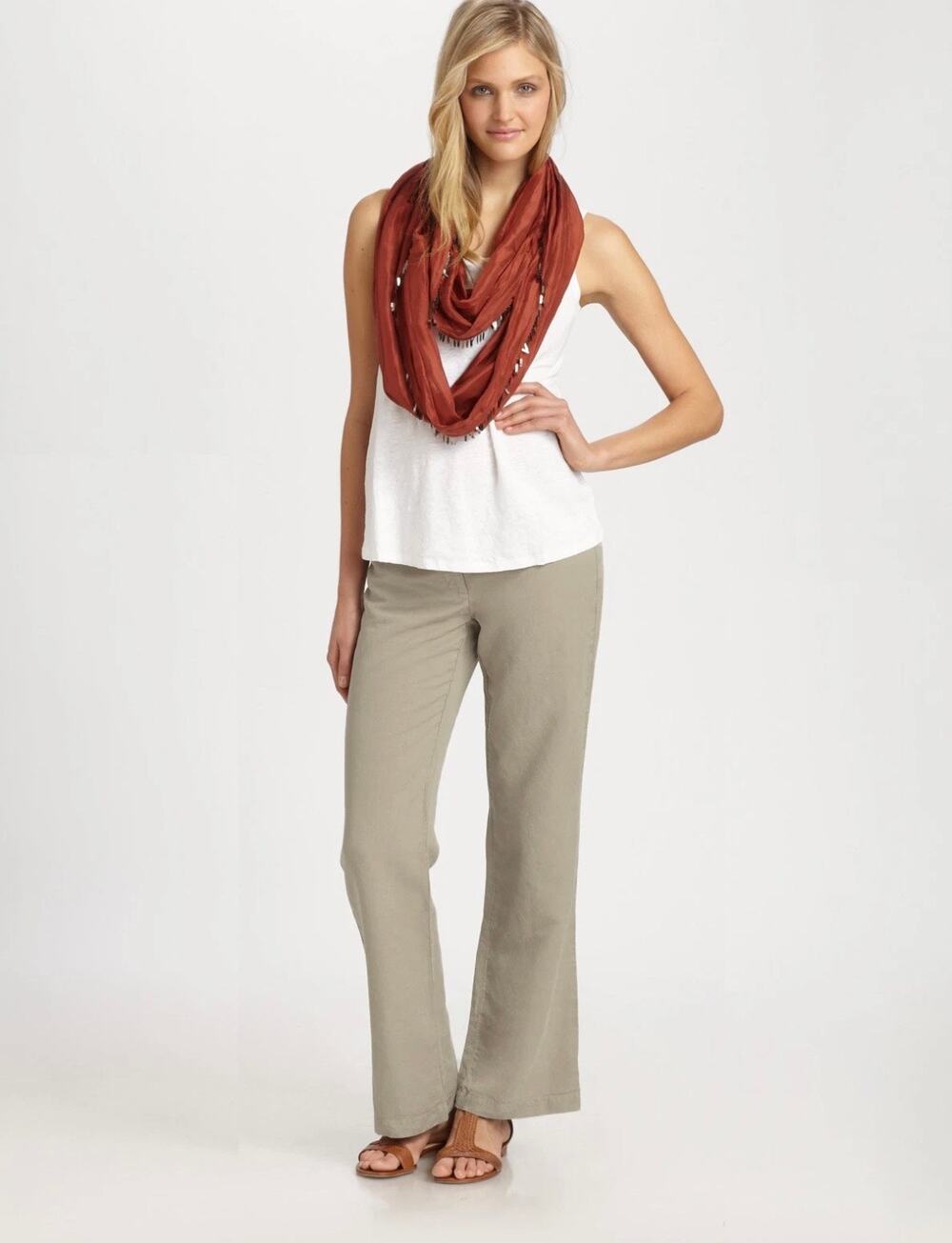Eileen Fisher Lyocell Linen Khaki Trousers Yoke 14 Straight Leg Slacks Pants Tan